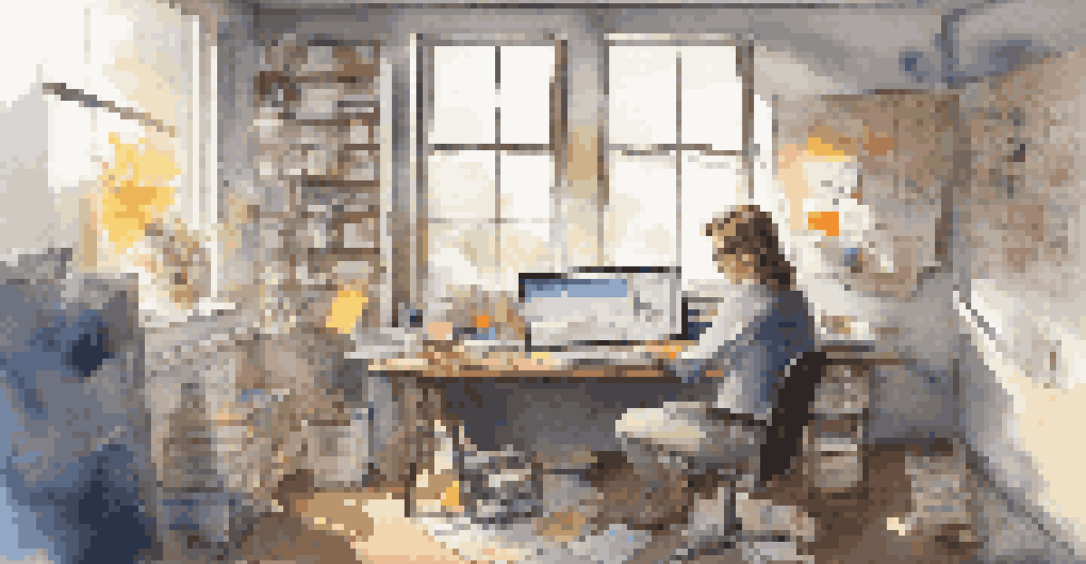 A person brainstorming brand story ideas in a creative workspace filled with notebooks and colorful sticky notes.