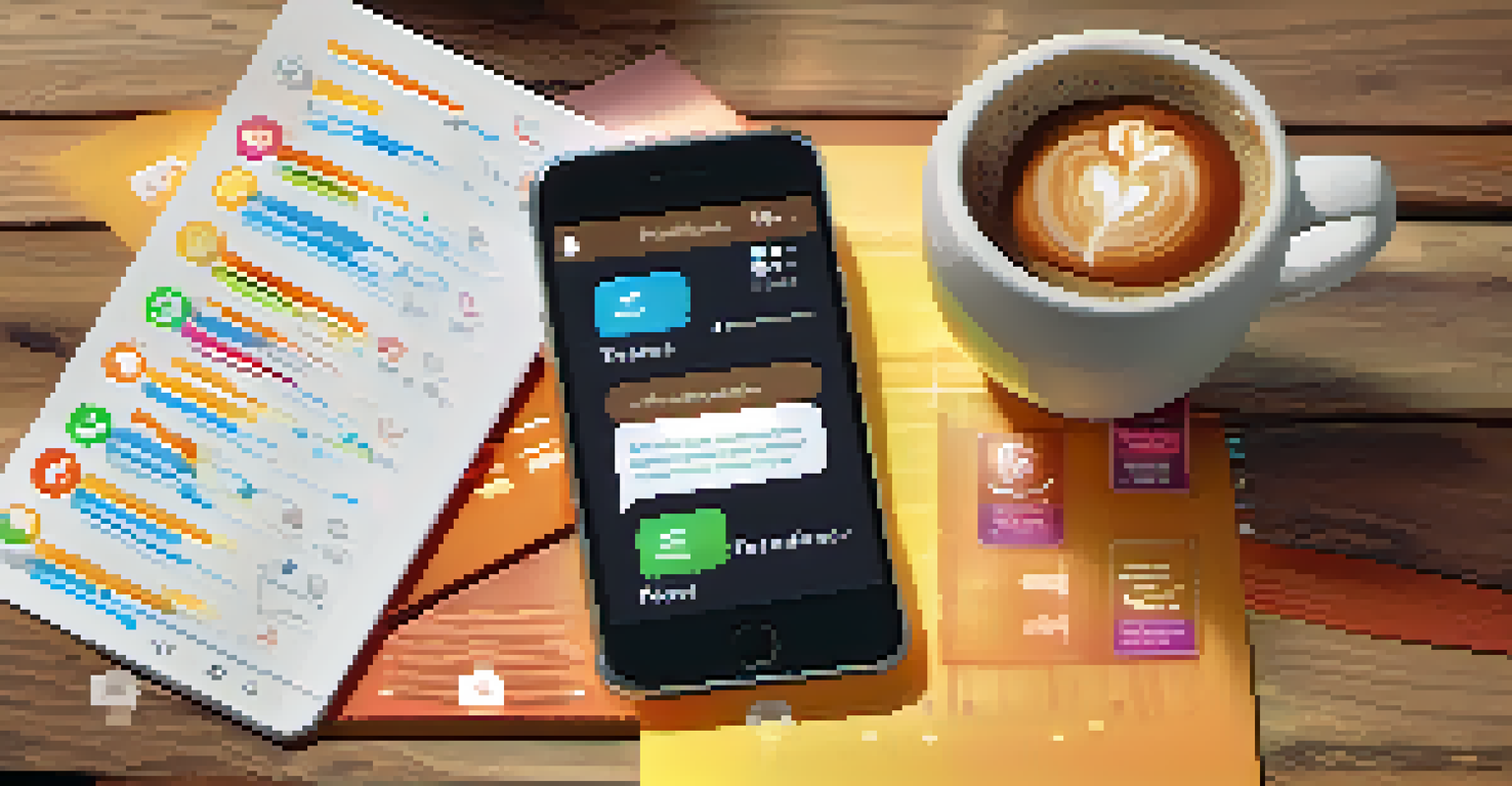 Close-up of a smartphone showing a user-friendly customer feedback app interface on a wooden table.