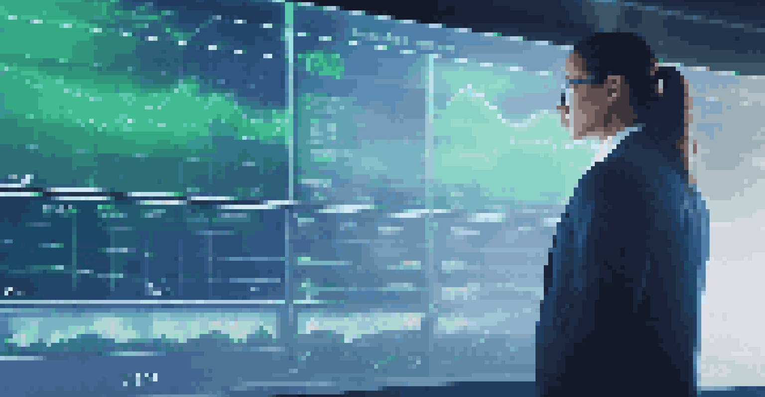 A business professional in a modern office standing in front of a digital display showing real-time market data.