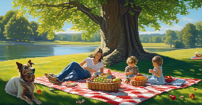 A family having a picnic under a tree, with a dog nearby and sunlight filtering through the leaves.
