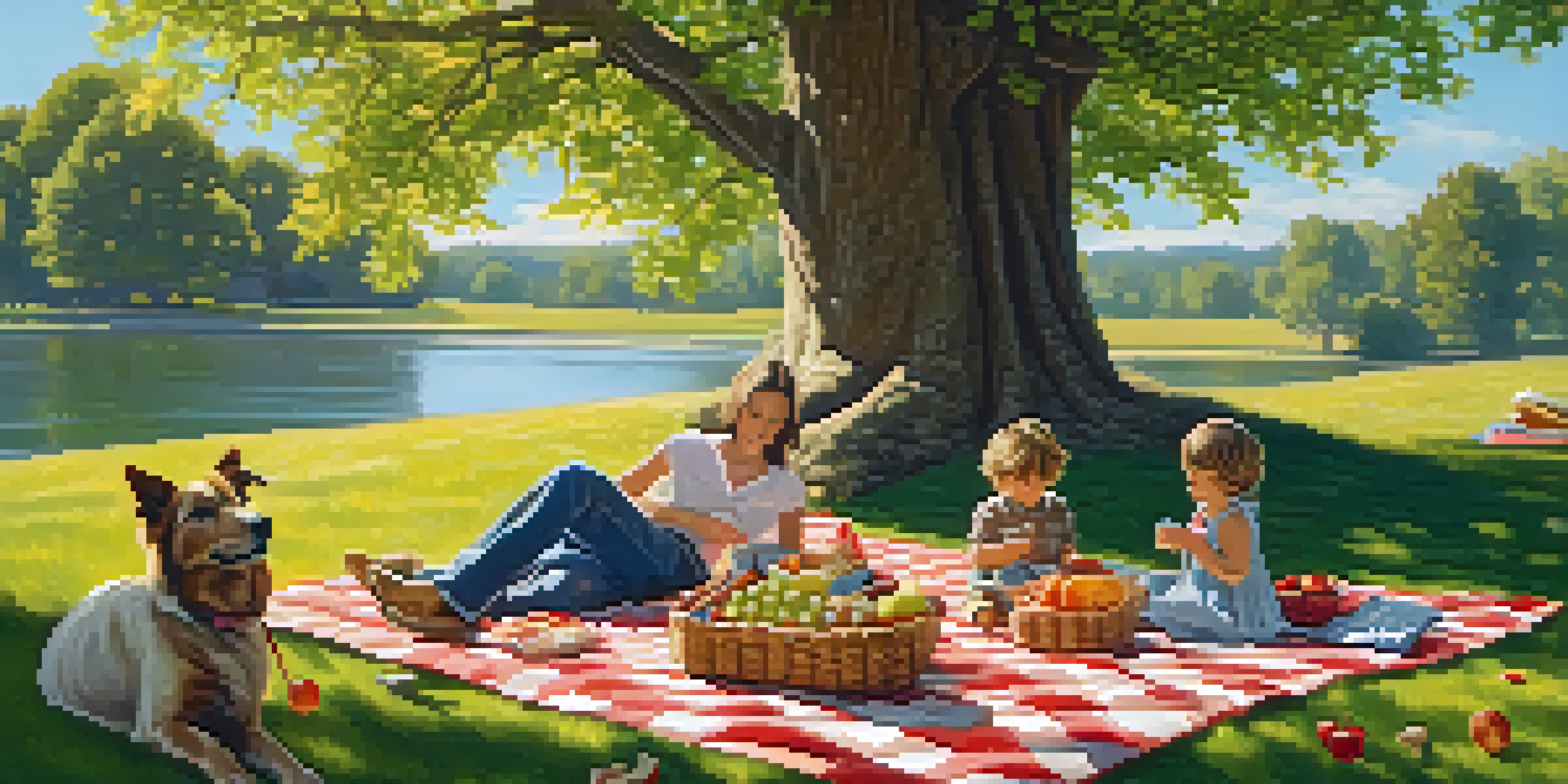 A family having a picnic under a tree, with a dog nearby and sunlight filtering through the leaves.