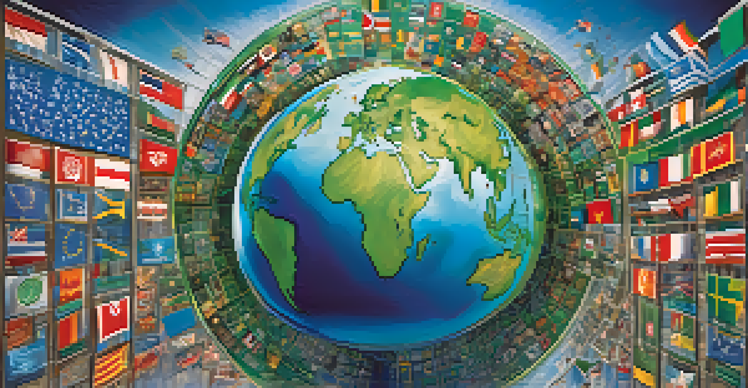 An artistic globe surrounded by cultural icons, illustrating the concept of global risk management and cultural awareness.