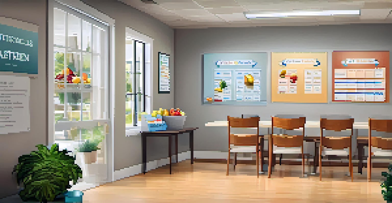 A break room with a wellness corner featuring healthy snacks and a bulletin board for wellness activities.