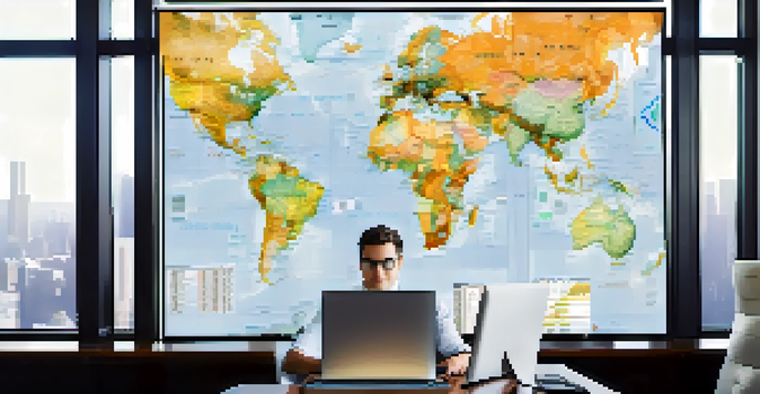 A business professional analyzing currency exchange rates on a laptop in a modern office with financial charts on the screen and a world map in the background.