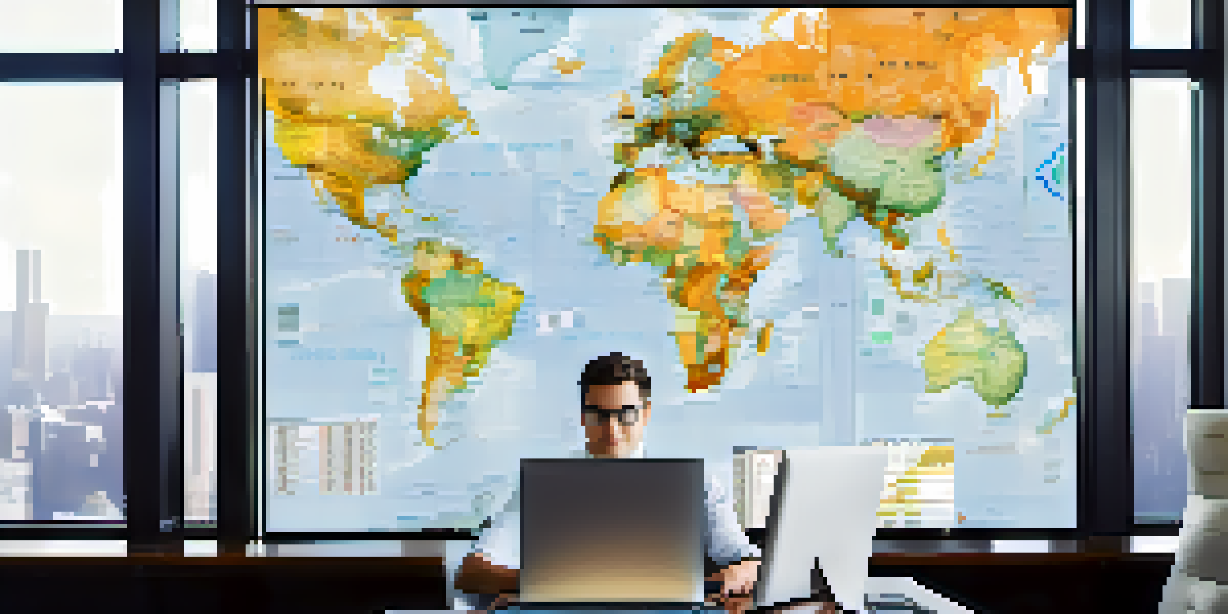 A business professional analyzing currency exchange rates on a laptop in a modern office with financial charts on the screen and a world map in the background.
