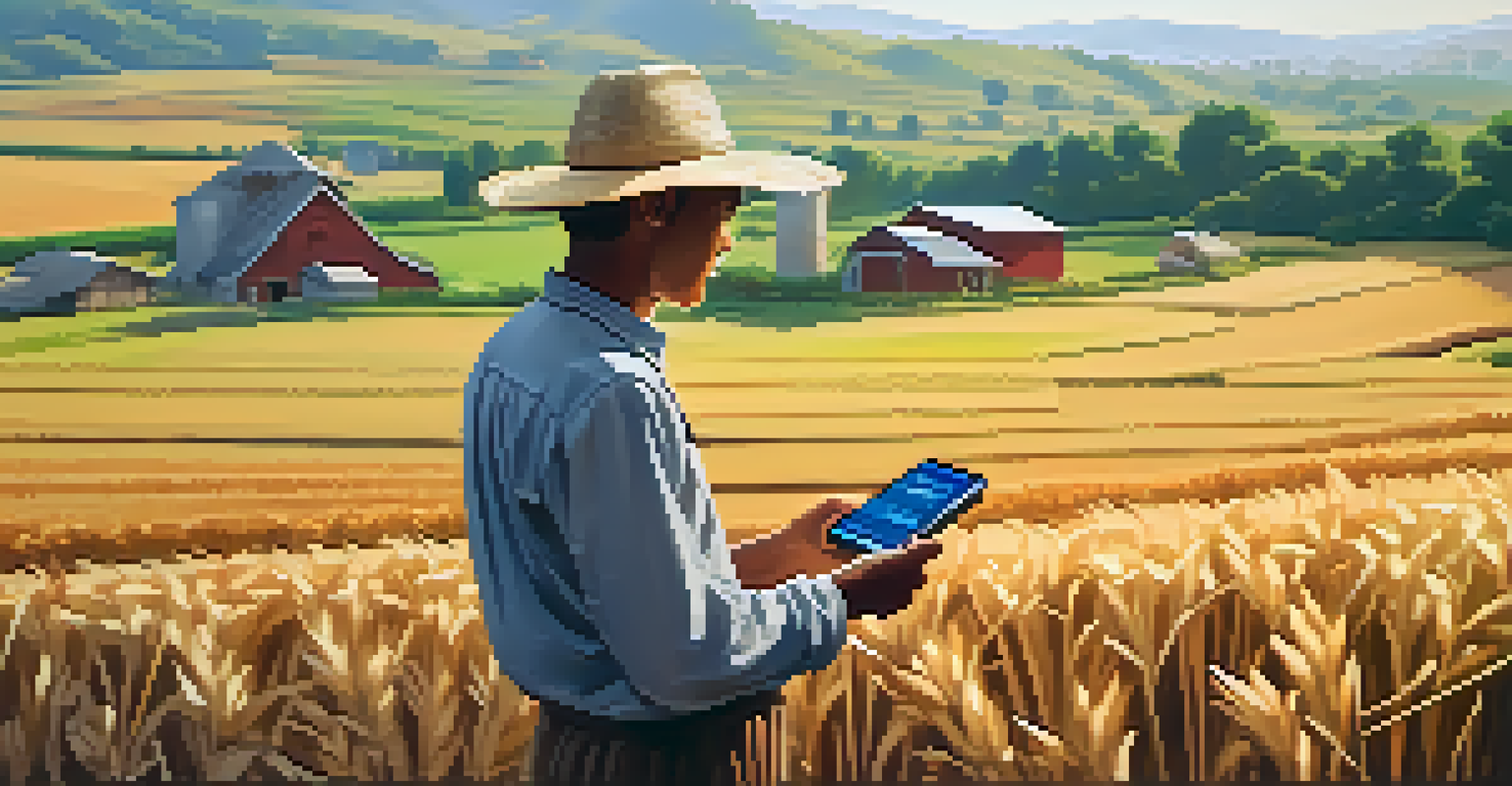 A farmer in a remote village using a smartphone for cryptocurrency transactions in a sunny landscape.