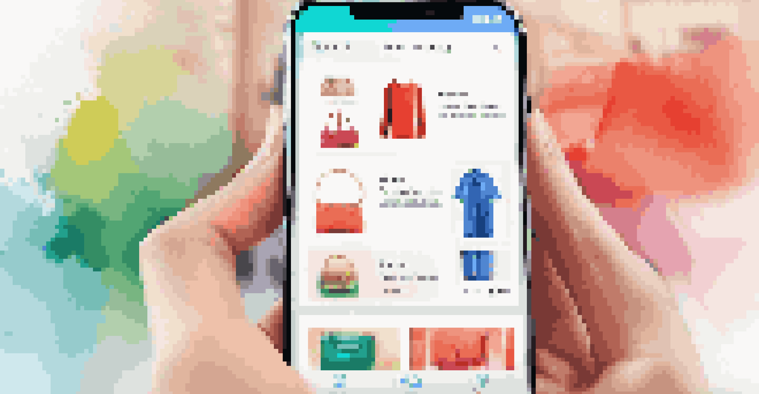 A close-up of a smartphone displaying an e-commerce app with colorful product images and a blurred background.