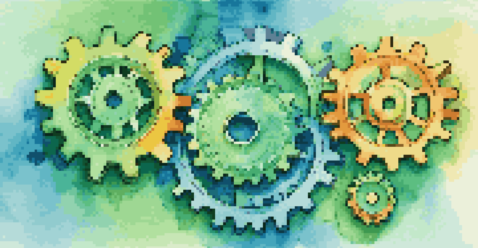 Abstract gears representing different departments in financial forecasting, set against a blue and green gradient background.