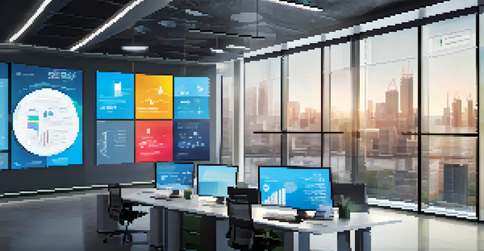 A modern data dashboard on a digital screen, filled with colorful graphs and charts in a bright office environment.