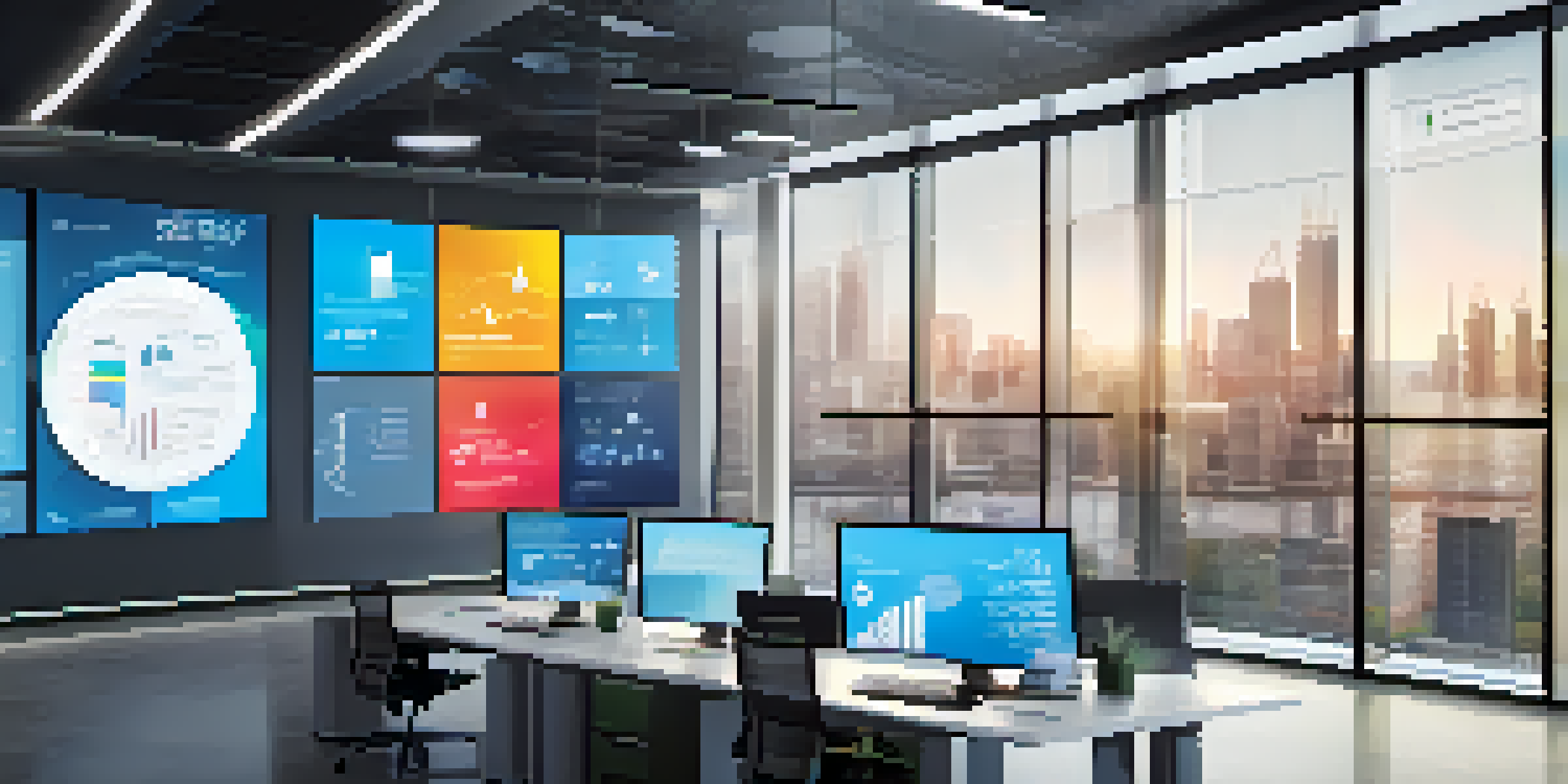 A modern data dashboard on a digital screen, filled with colorful graphs and charts in a bright office environment.