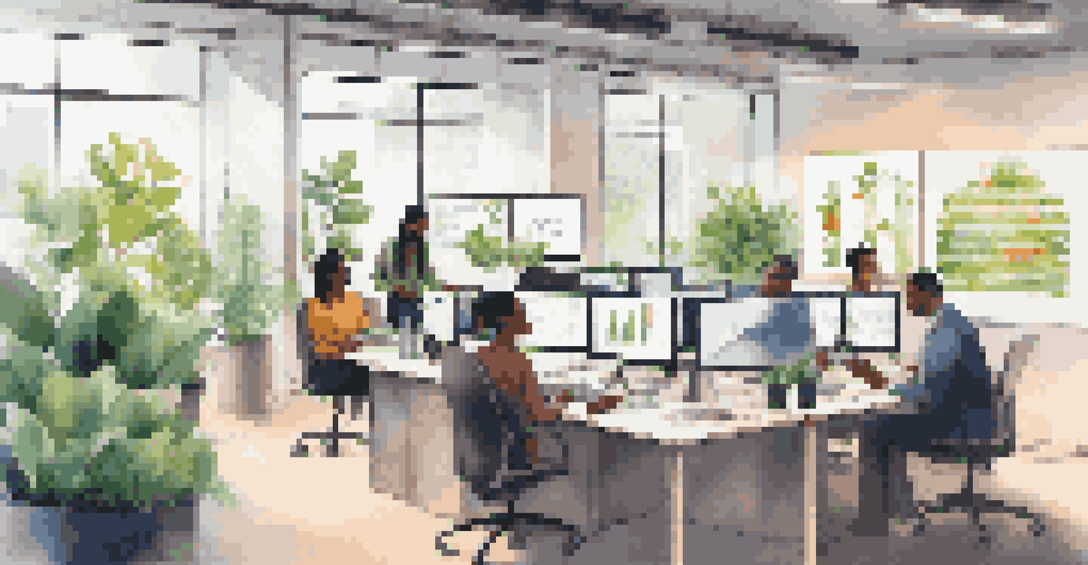 Diverse professionals collaborating on sustainability in a modern office surrounded by plants and screens.