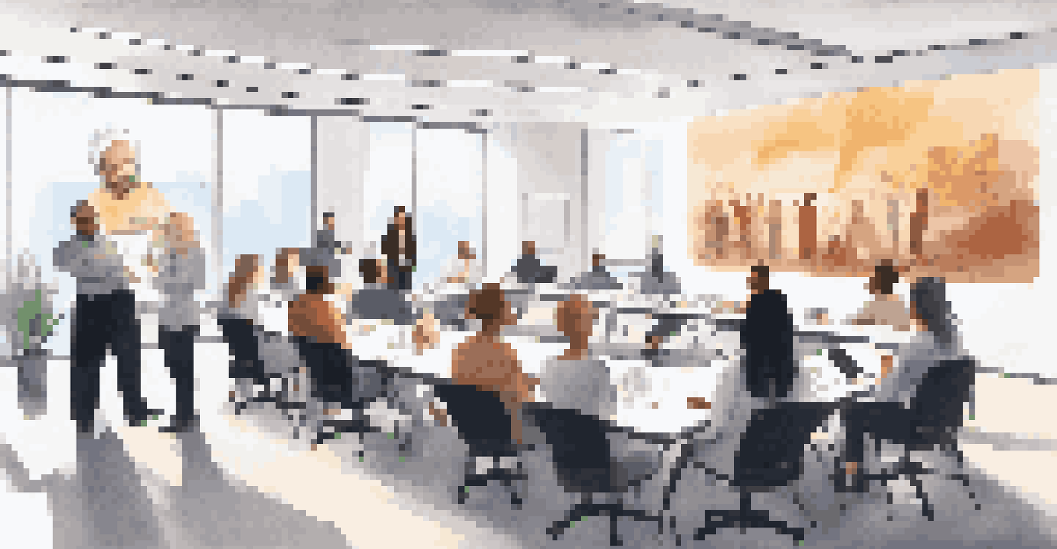 A diverse group of employees attending a training session in a bright conference room, engaging with a facilitator and learning together.