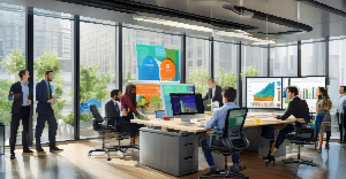 A diverse group of business professionals discussing data analytics in a bright modern office, with graphs displayed on a screen.