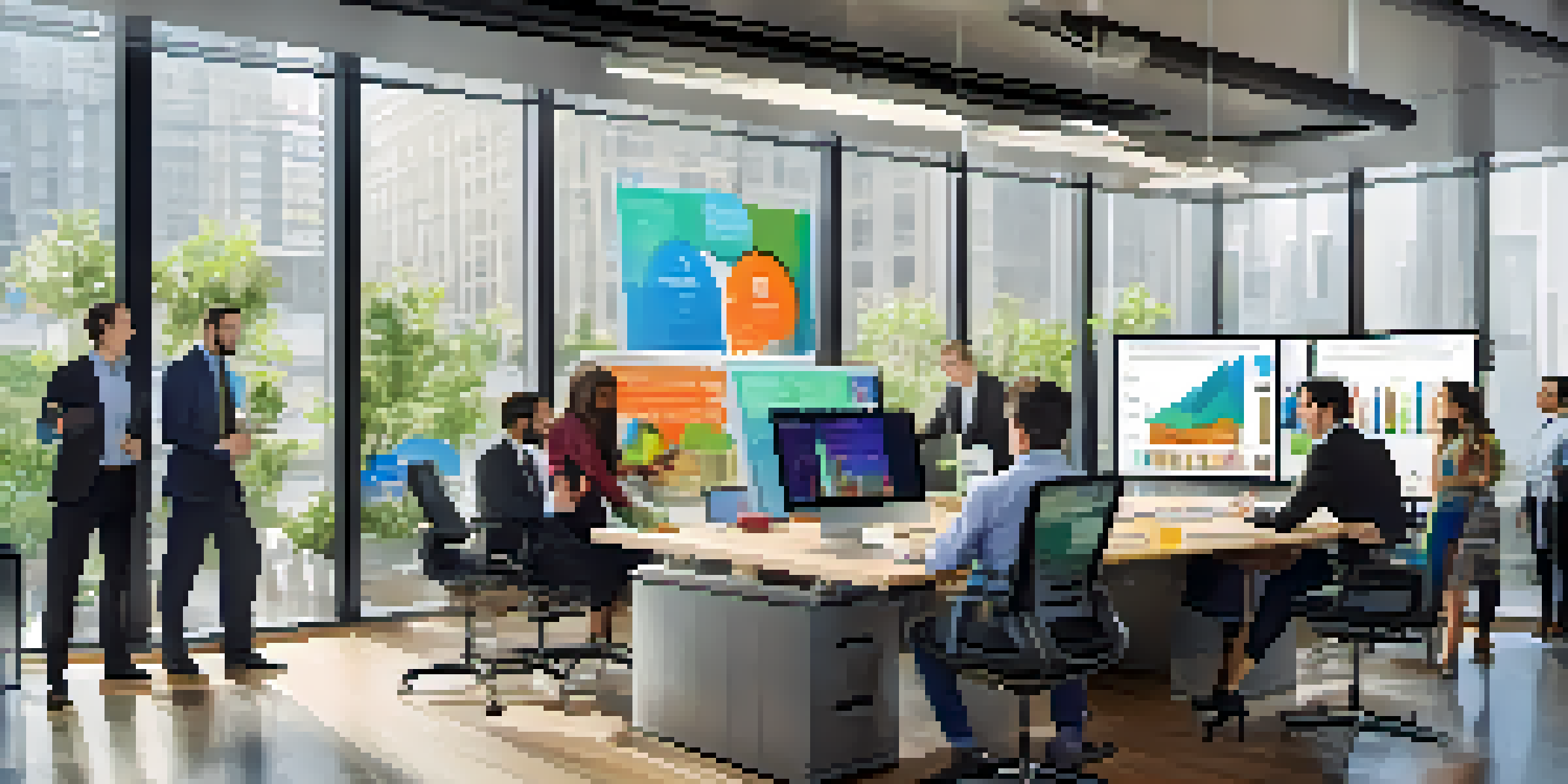 A diverse group of business professionals discussing data analytics in a bright modern office, with graphs displayed on a screen.