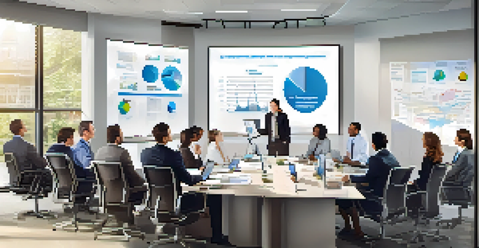 A diverse group of professionals in a bright office discussing financial reports with graphs on laptops and a projector screen.