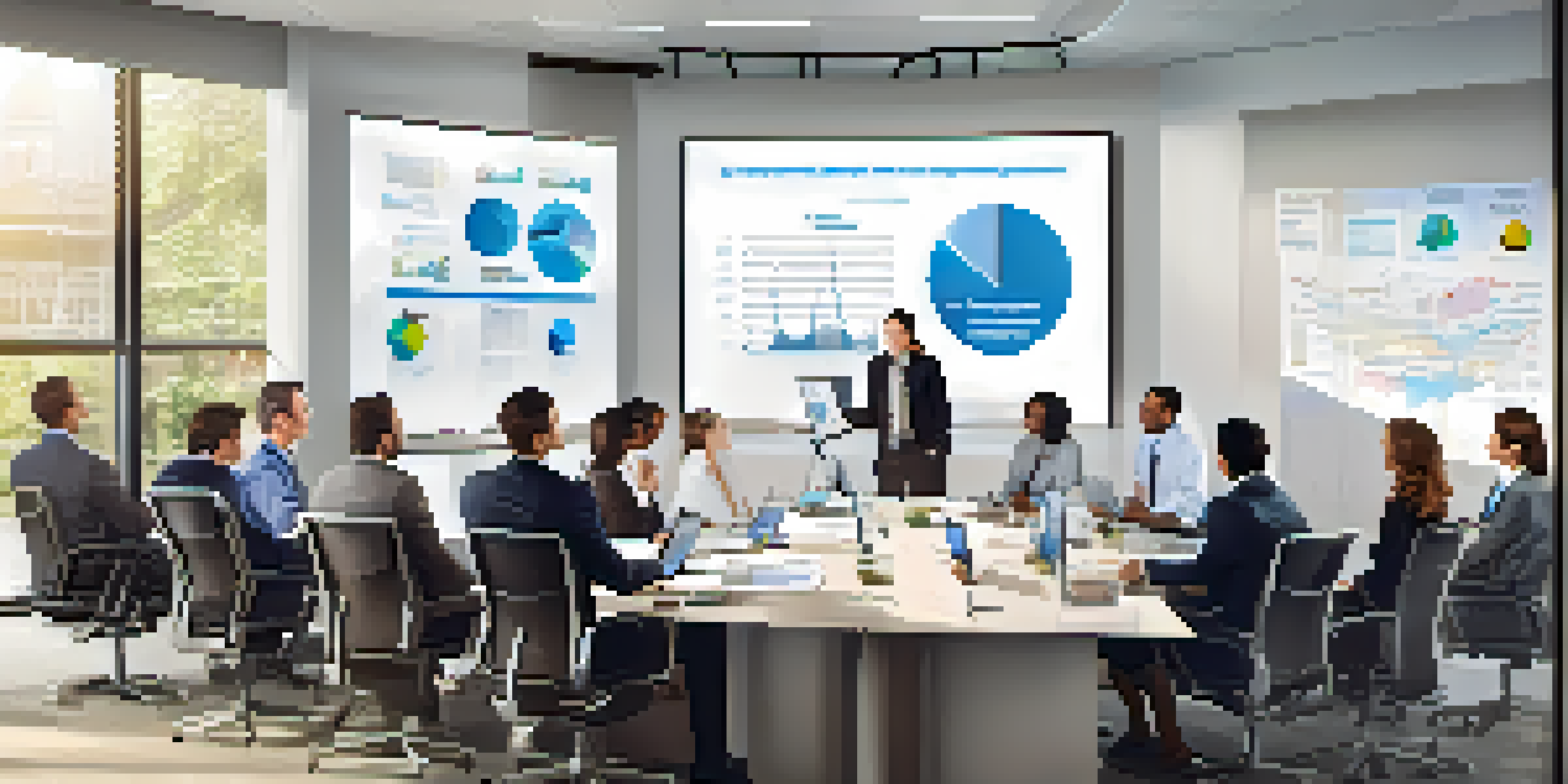 A diverse group of professionals in a bright office discussing financial reports with graphs on laptops and a projector screen.