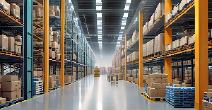 A spacious and modern warehouse with automated robots sorting packages under bright lights.
