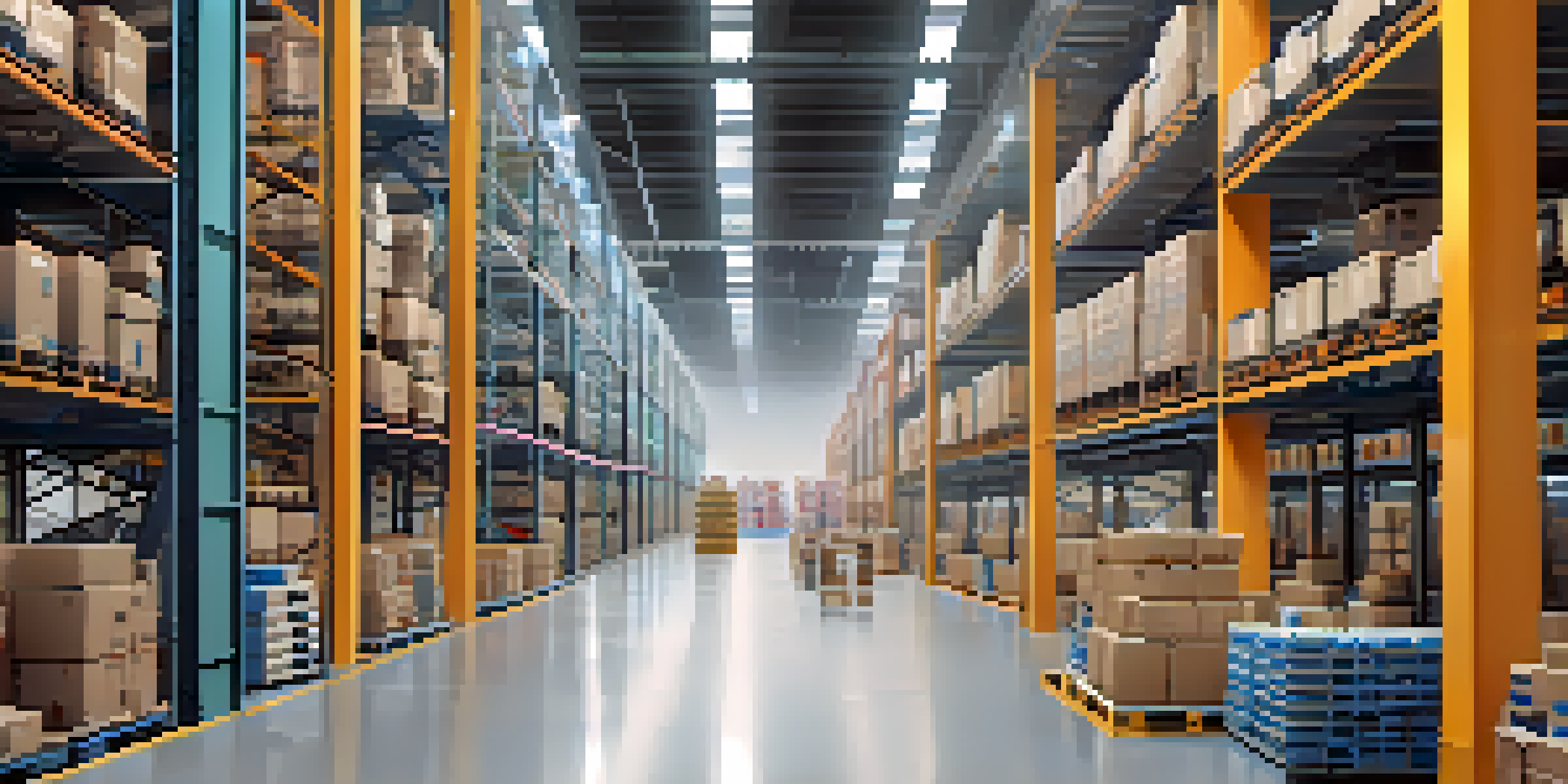 A spacious and modern warehouse with automated robots sorting packages under bright lights.