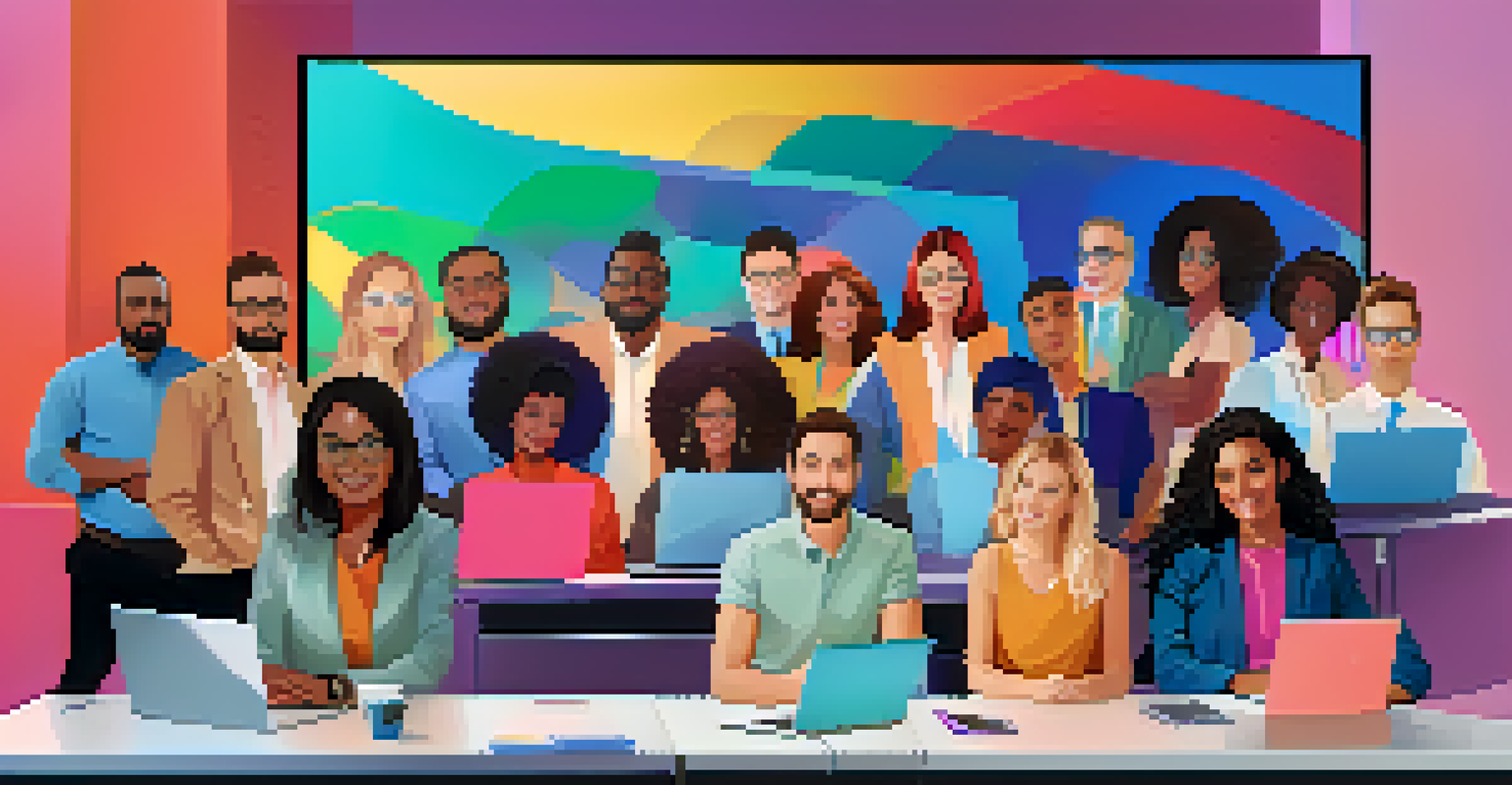 A virtual meeting with diverse remote workers displayed on a screen, set in a vibrant office environment.