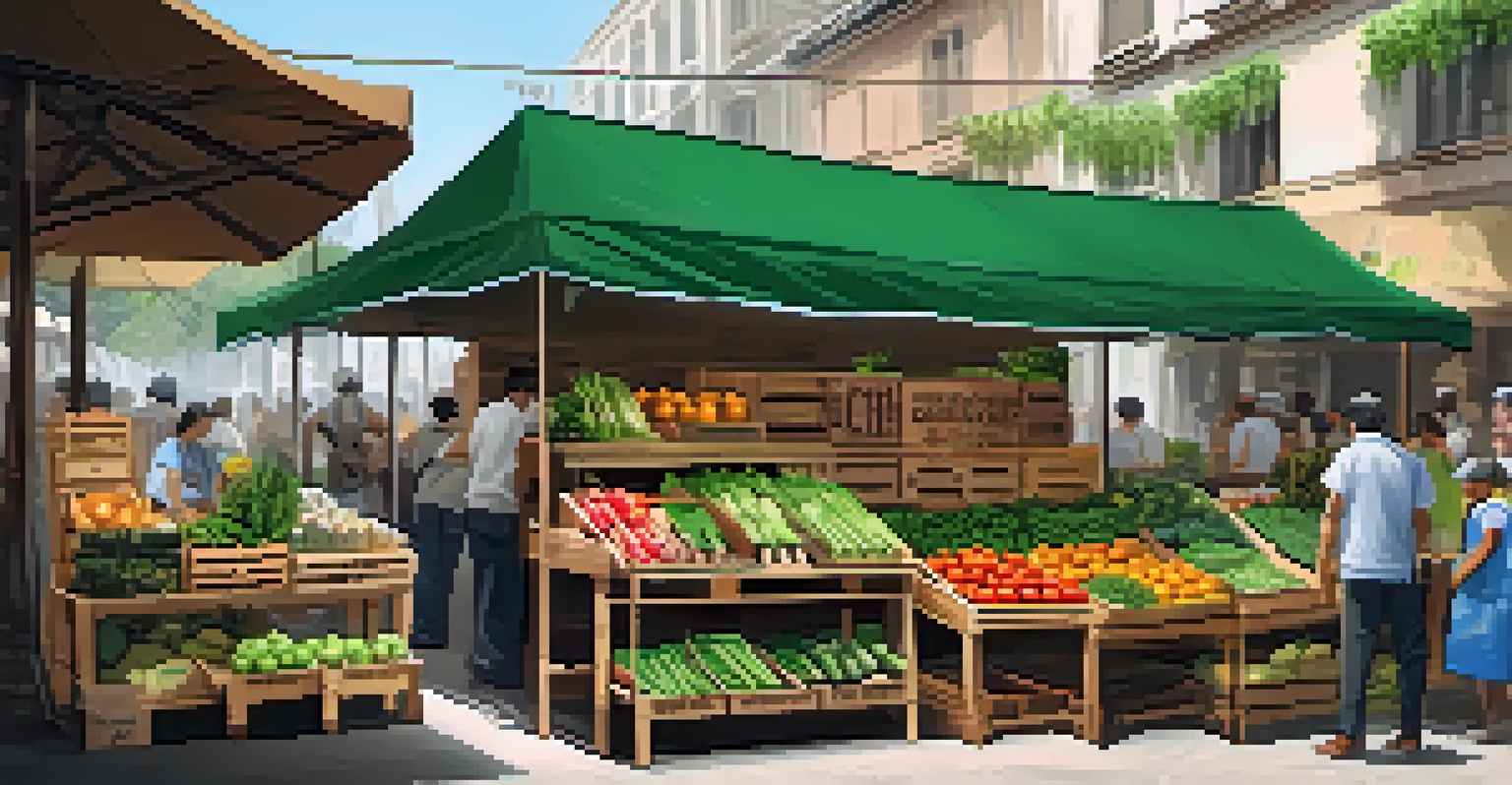 A lively outdoor market with a vendor showcasing eco-friendly products at a rustic stall filled with organic produce, under a bright, sunny sky.