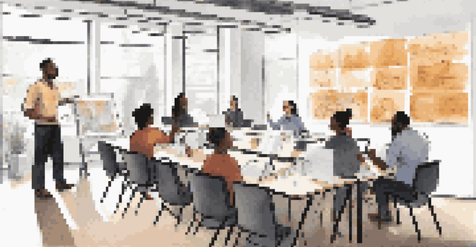 A diverse group of employees engaged in a training session on customer experience, with a facilitator presenting in a well-lit room.