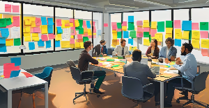 A diverse group of employees in a bright office space engaged in a brainstorming session, surrounded by colorful post-it notes and a whiteboard filled with sketches.