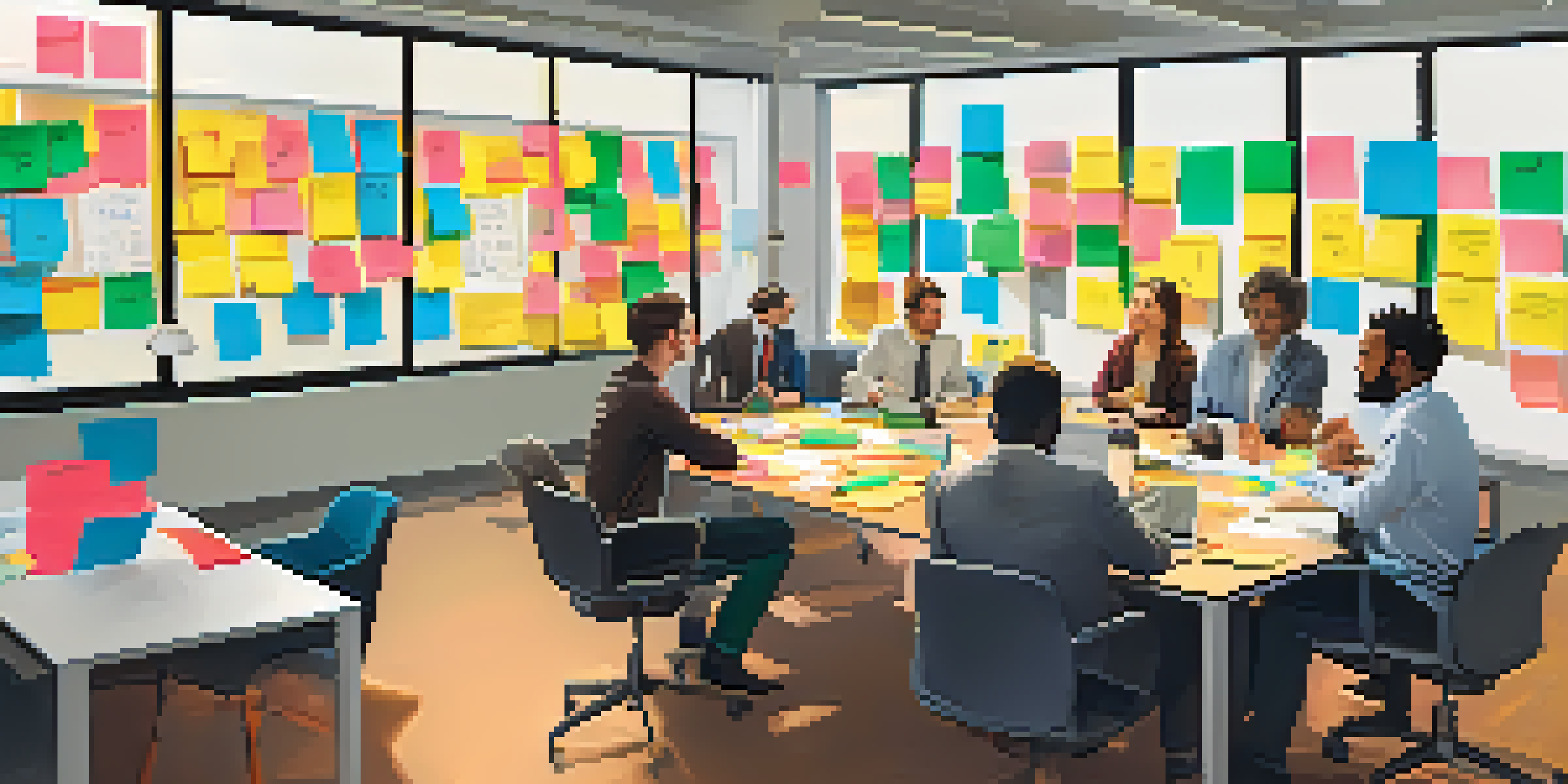 A diverse group of employees in a bright office space engaged in a brainstorming session, surrounded by colorful post-it notes and a whiteboard filled with sketches.