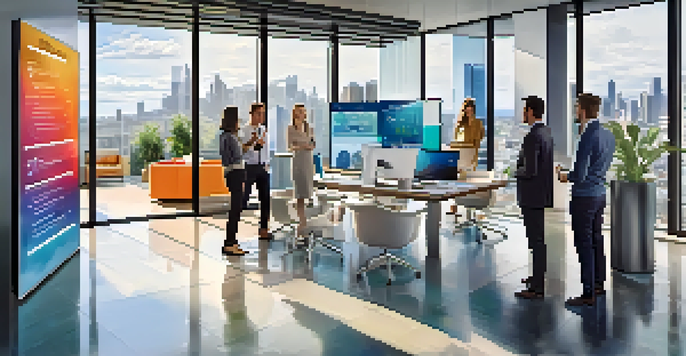 A bright modern office with employees using a touchscreen table and digital displays on the walls.