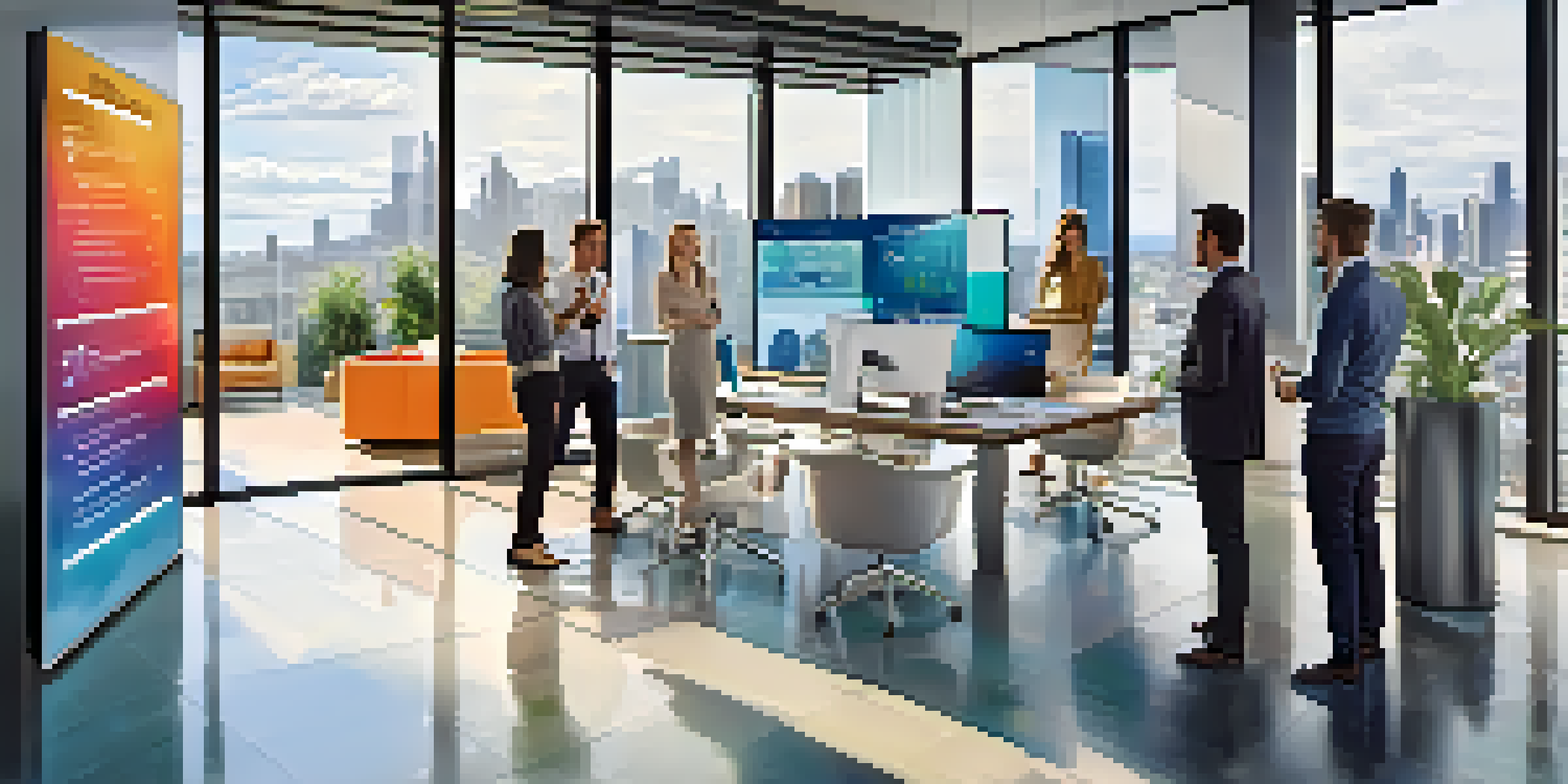 A bright modern office with employees using a touchscreen table and digital displays on the walls.