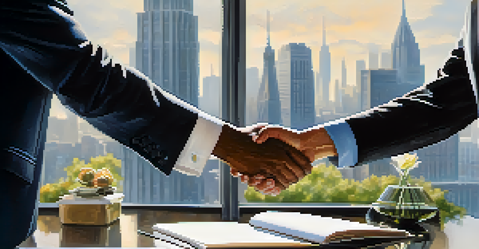 Two businesspeople shaking hands in front of a blurred city skyline, with soft light illuminating their figures and documents on a table.