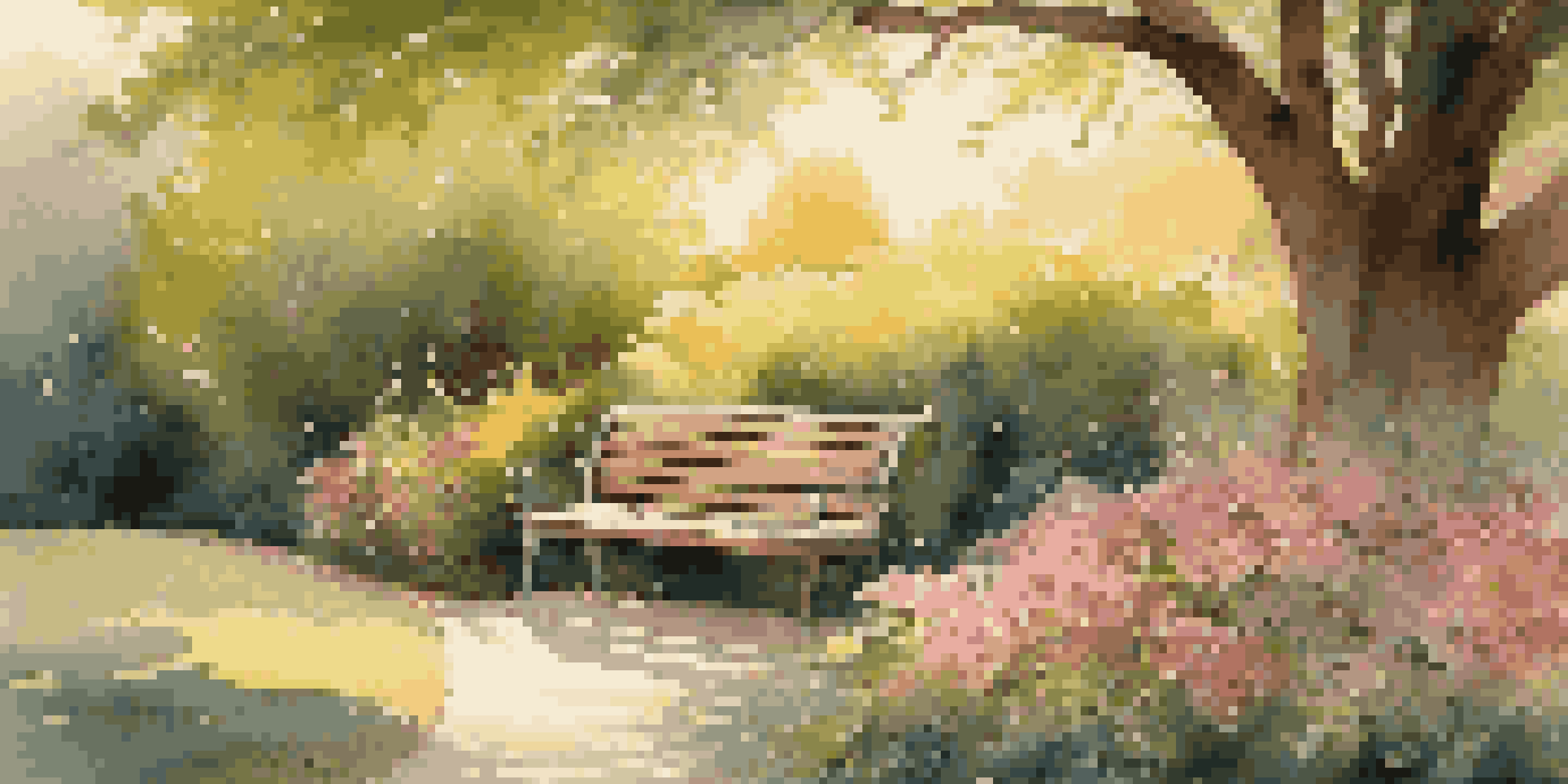 A peaceful garden with colorful flowers, green plants, and a wooden bench under a flowering tree during sunset.