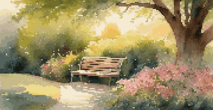 A peaceful garden with colorful flowers, green plants, and a wooden bench under a flowering tree during sunset.