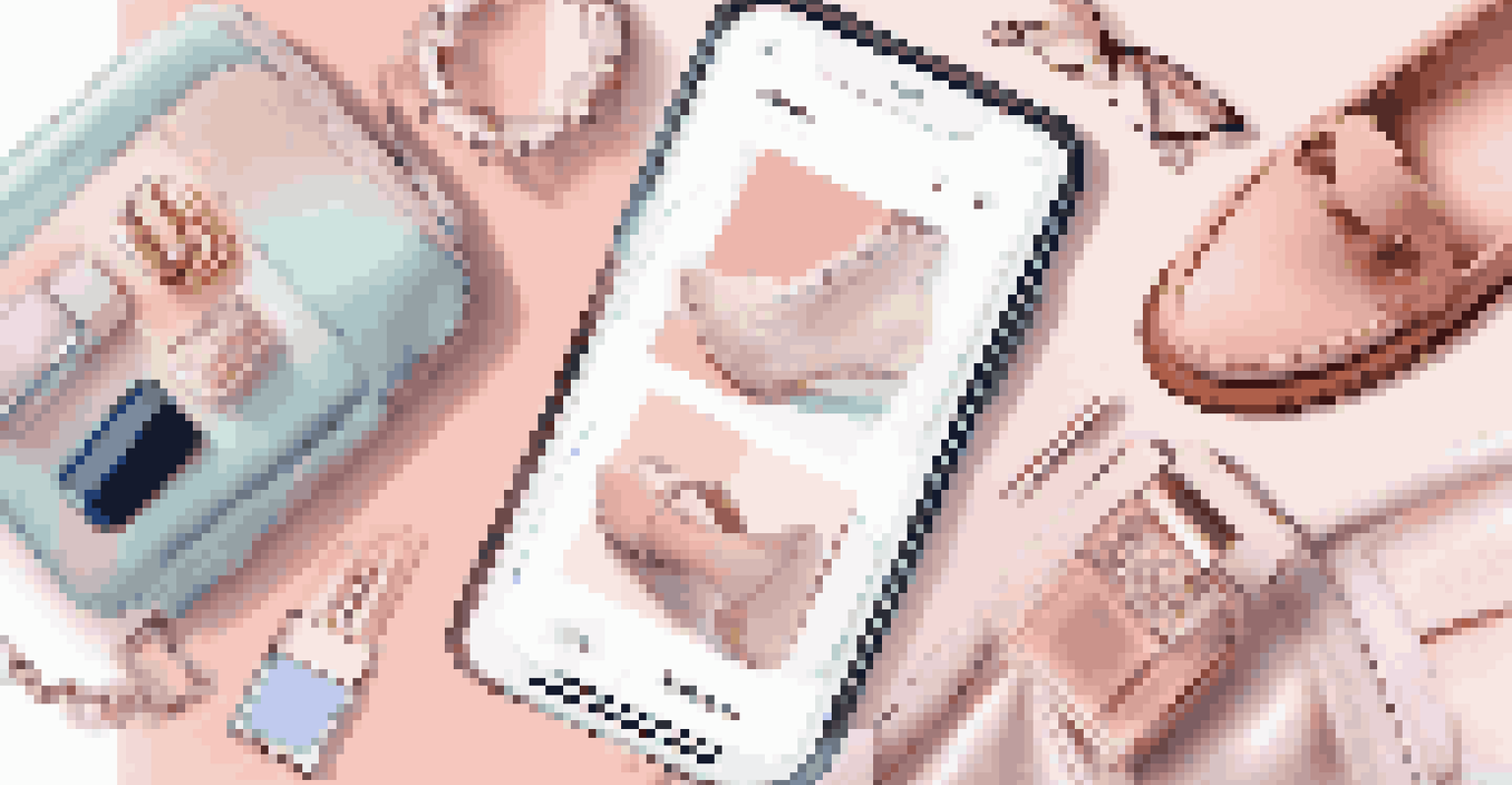 A flat lay of a smartphone with a shopping app, surrounded by fashionable items and a soft pastel background.