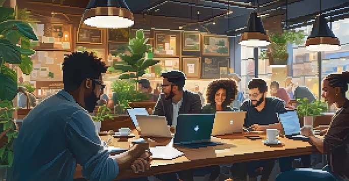 A lively coffee shop filled with entrepreneurs working on laptops amidst plants and warm lighting.