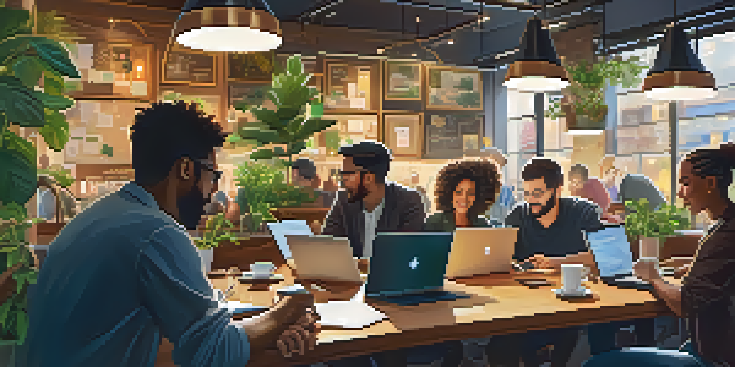 A lively coffee shop filled with entrepreneurs working on laptops amidst plants and warm lighting.