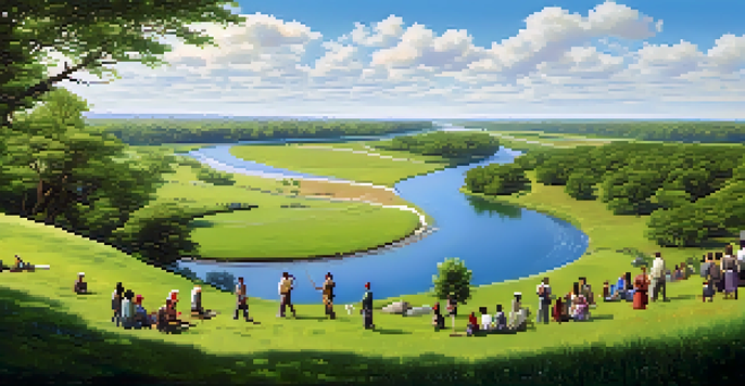 A diverse group of people planting trees in a lush green field with a river and blue sky in the background.