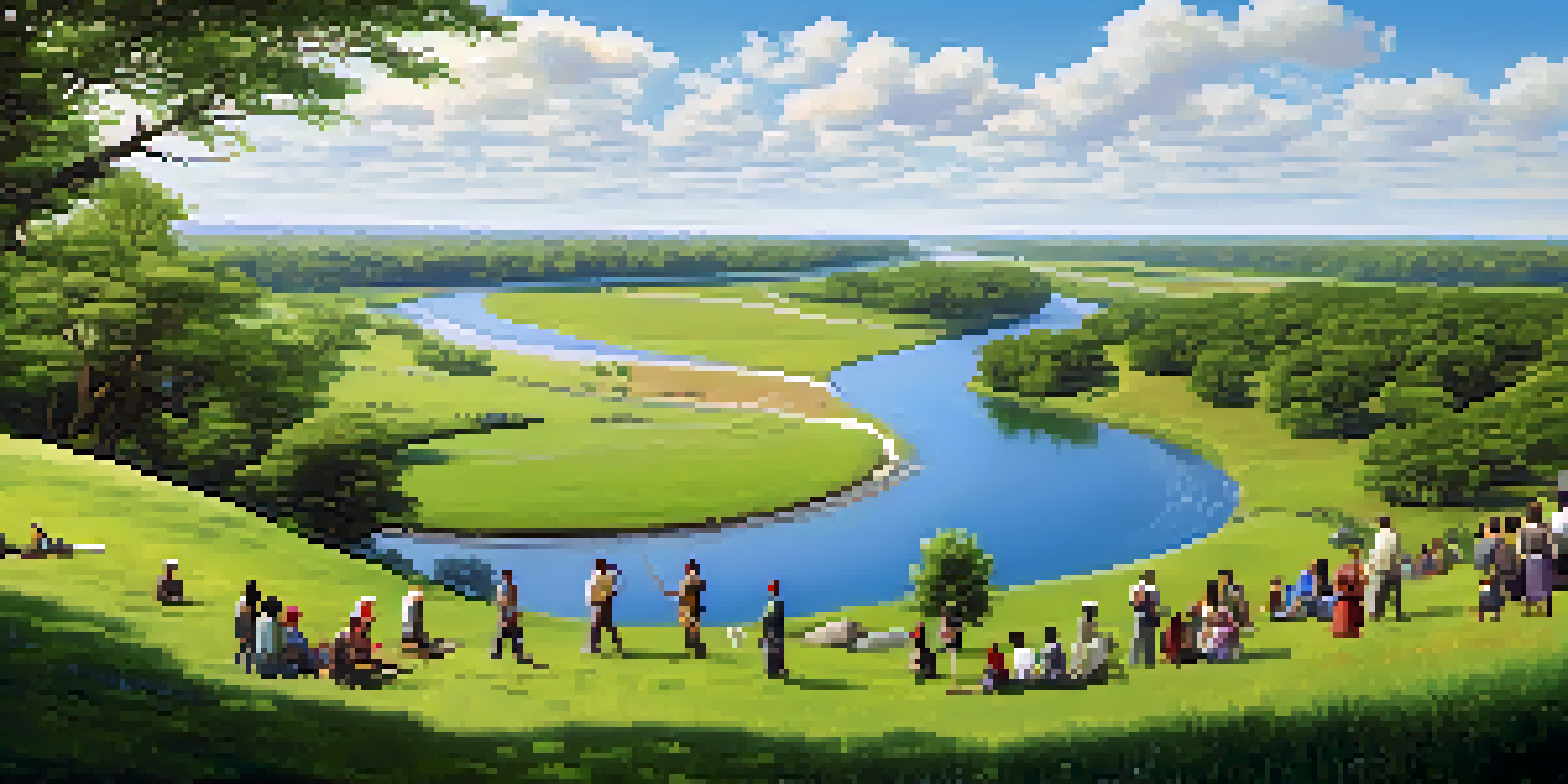 A diverse group of people planting trees in a lush green field with a river and blue sky in the background.