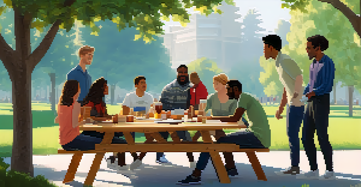 A diverse team meeting outdoors at a picnic table, discussing a prototype under bright sunlight, surrounded by trees and greenery.