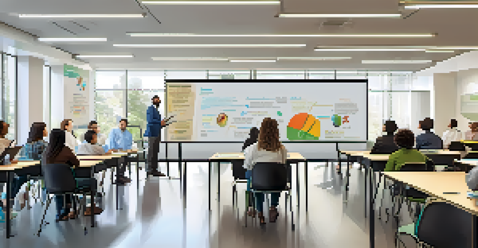 Employees participating in a workshop in a bright and inspirational learning environment, taking notes while a presentation is displayed on a screen.