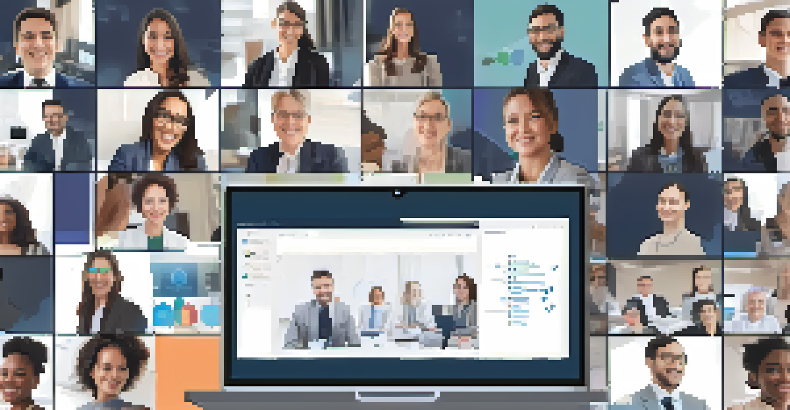 A laptop screen showing a virtual networking session with diverse professionals engaging in a video call surrounded by charts and graphs.
