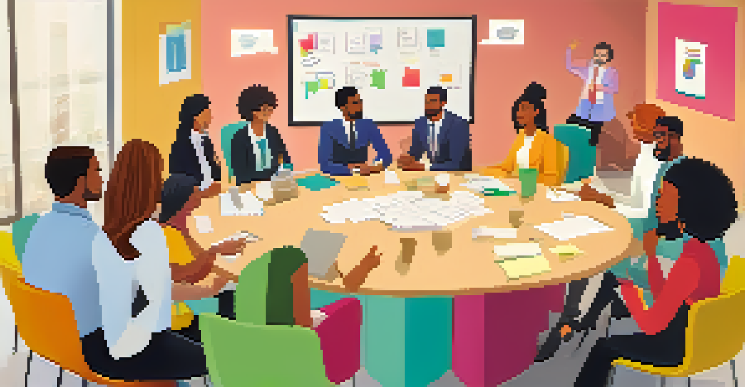 A diverse group of professionals collaborating in a brainstorming session, surrounded by colorful decor.