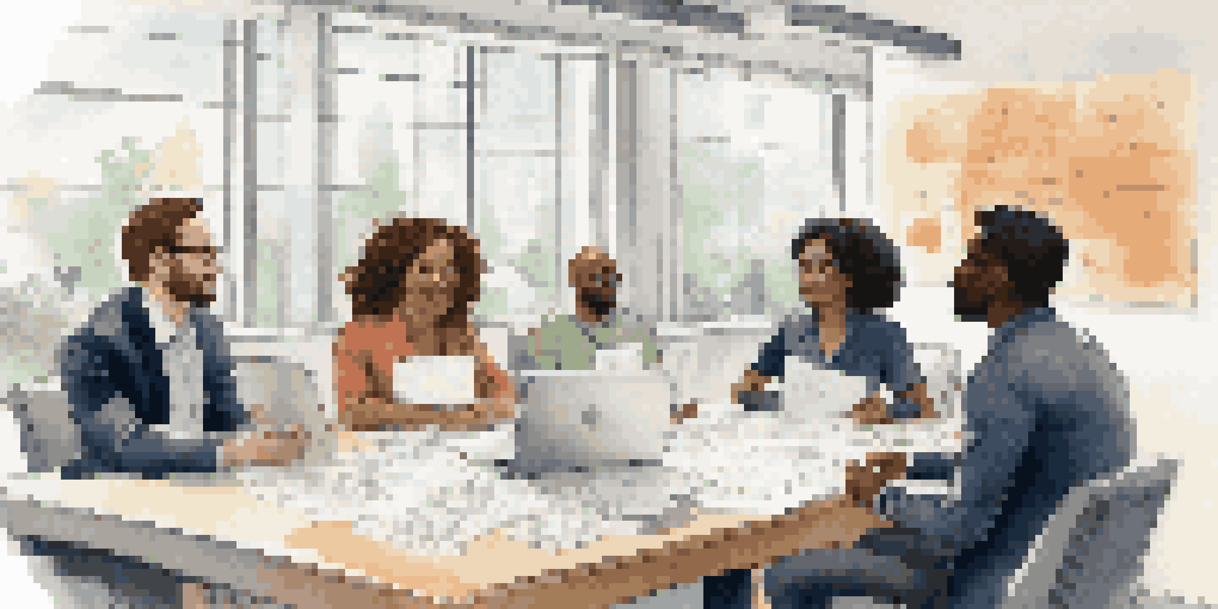 A diverse group of professionals engaged in a collaborative discussion around a conference table, showcasing teamwork and communication.