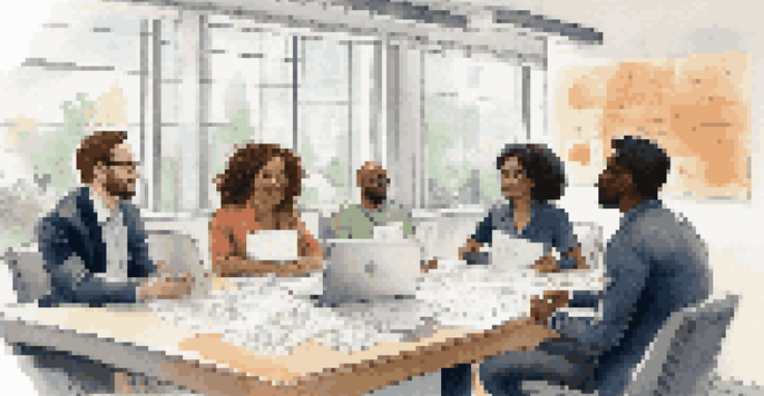 A diverse group of professionals engaged in a collaborative discussion around a conference table, showcasing teamwork and communication.