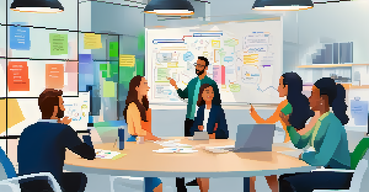 A vibrant retail team meeting with managers sharing insights on customer service strategies around a whiteboard.