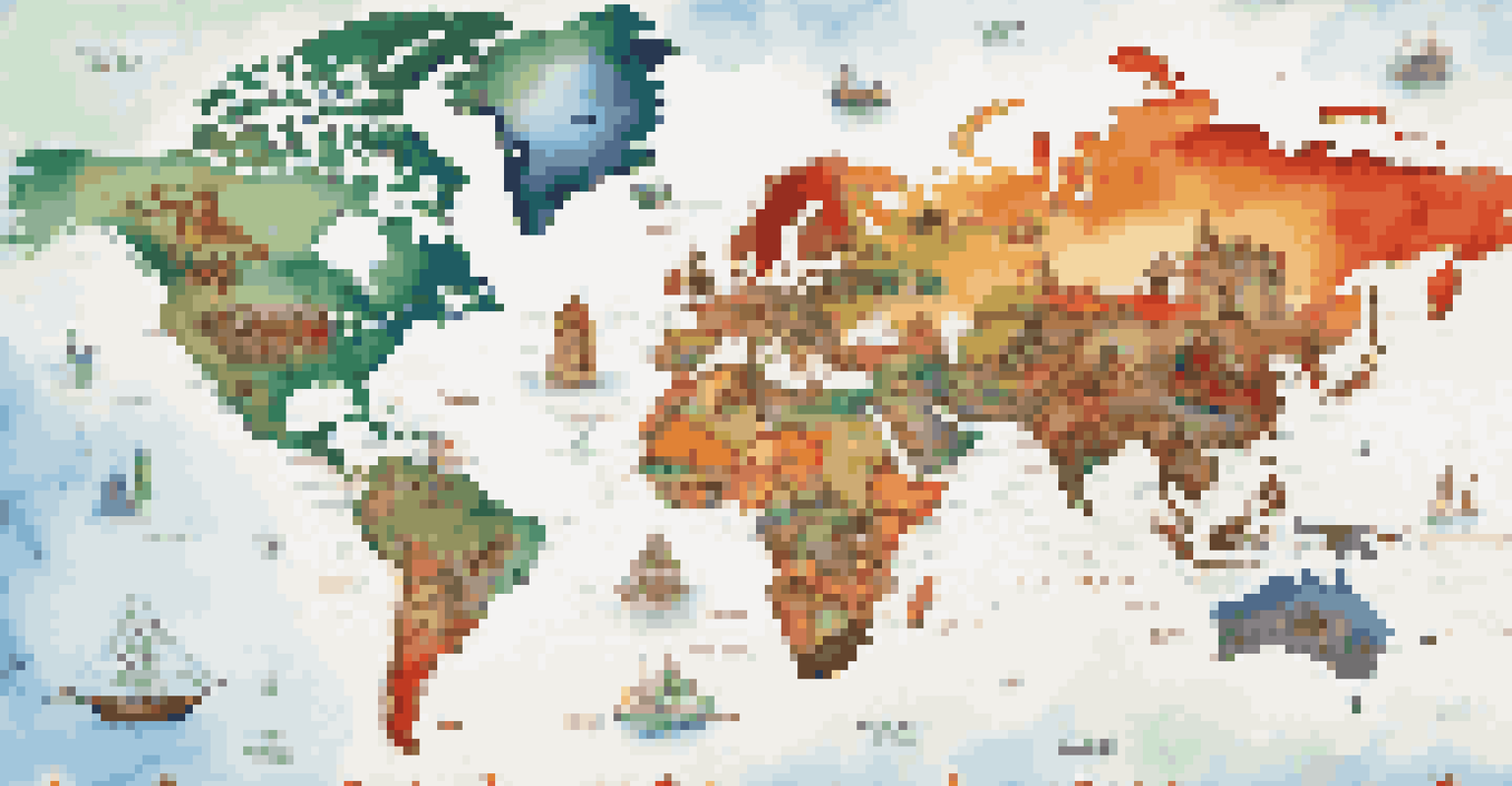 A colorful world map featuring cultural symbols representing different countries.