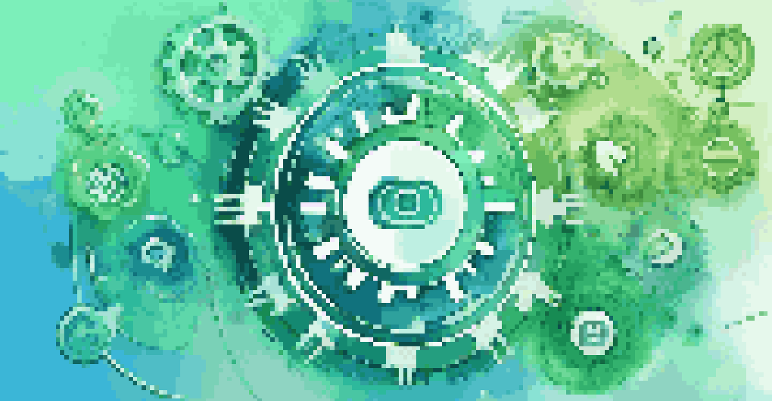 An abstract illustration of marketing automation with gears and digital icons on a blue-green gradient background.