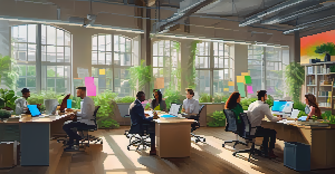 A diverse group of employees in a bright office setting collaborating over a brainstorming session with laptops and notepads.