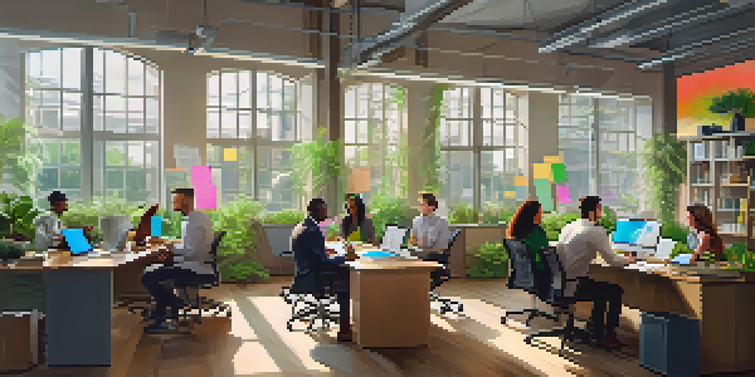 A diverse group of employees in a bright office setting collaborating over a brainstorming session with laptops and notepads.