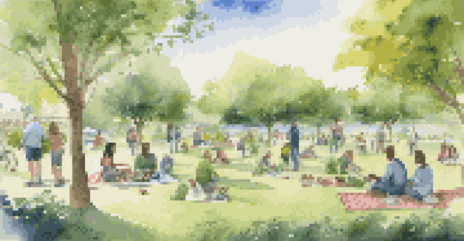A vibrant park scene with individuals planting trees and enjoying a picnic, reflecting sustainability and eco-friendly practices.