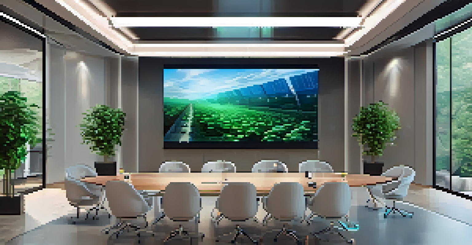 A futuristic meeting room with smart technology, interactive screens, and modern design elements.